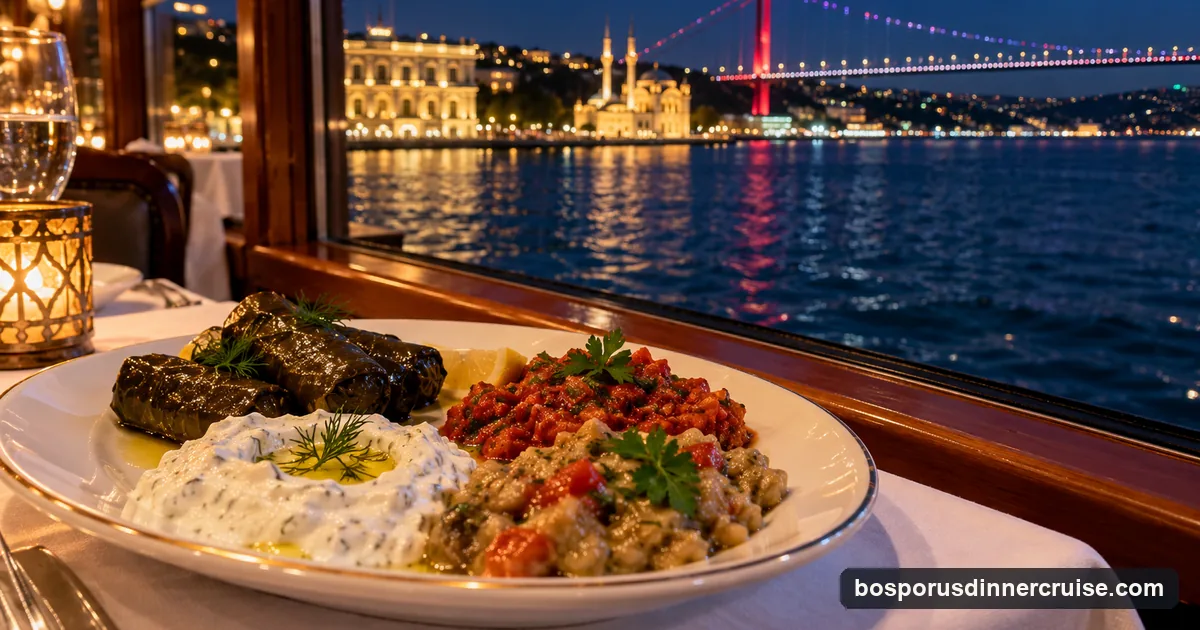 A plate of Turkish cold mezes on a white-clothed dinner cruise table by a window over the Bosphorus at night