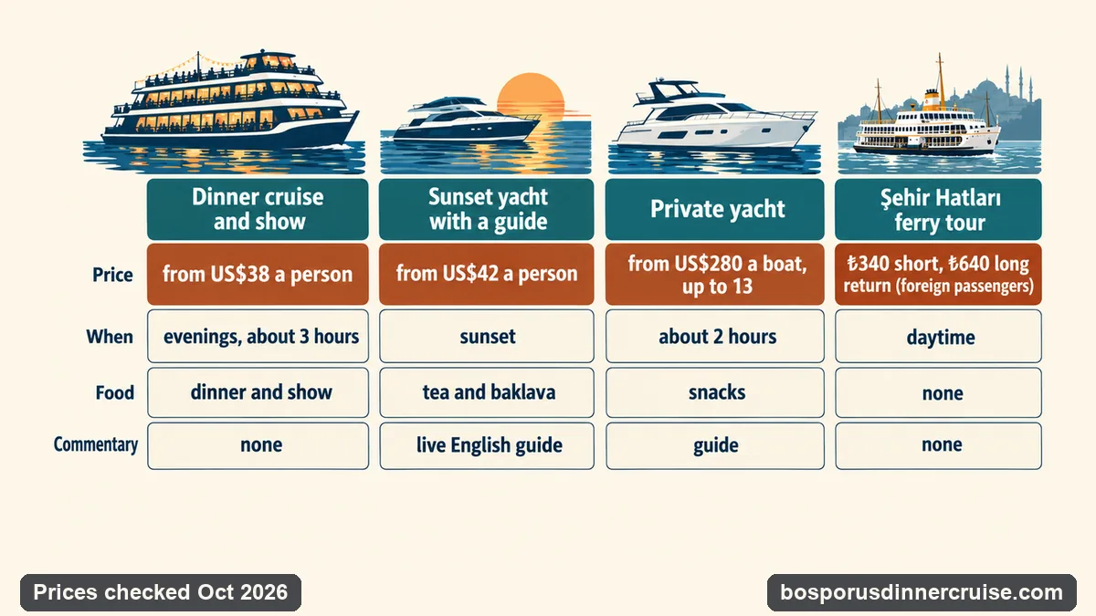 Four ways onto the Bosphorus compared: a dinner cruise with a show from US$38, a sunset yacht with a guide from US$42, a private yacht from US$280 a boat and the Şehir Hatları ferry tour from ₺340