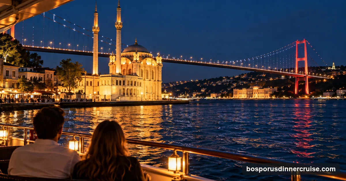 The floodlit Ortaköy Mosque beside the illuminated Bosphorus Bridge at night, seen from the deck of an evening cruise