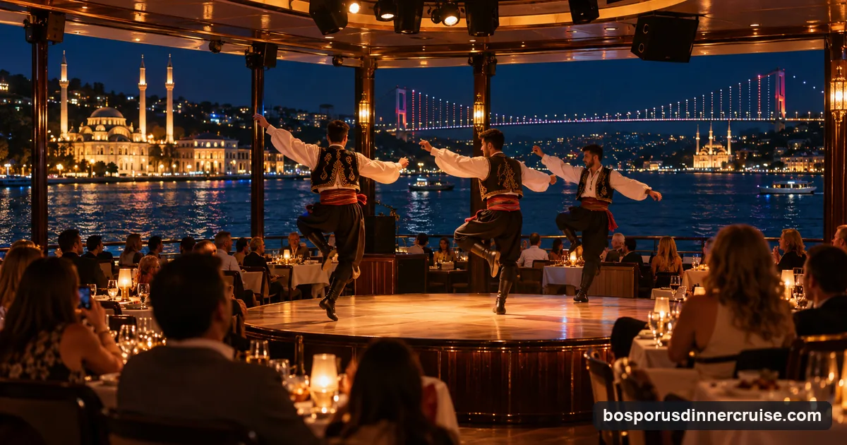 Folk dancers in embroidered costumes performing on the stage in the middle of a Bosphorus dinner cruise saloon, between tables of diners